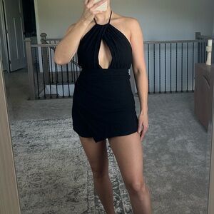 Linen Double LinedBlack Halter Keyhole Mini Dress